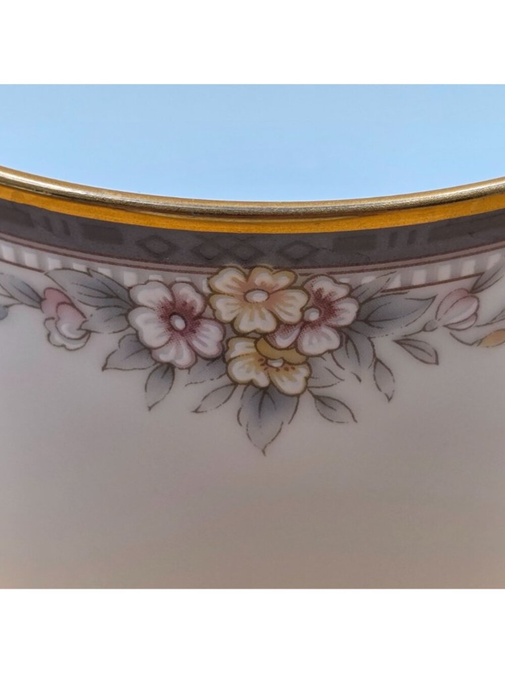 Noritake Ontario Footed Cup and Saucer Set of 3 Blue Gray Band White Pink Flower - Picture 16 of 16